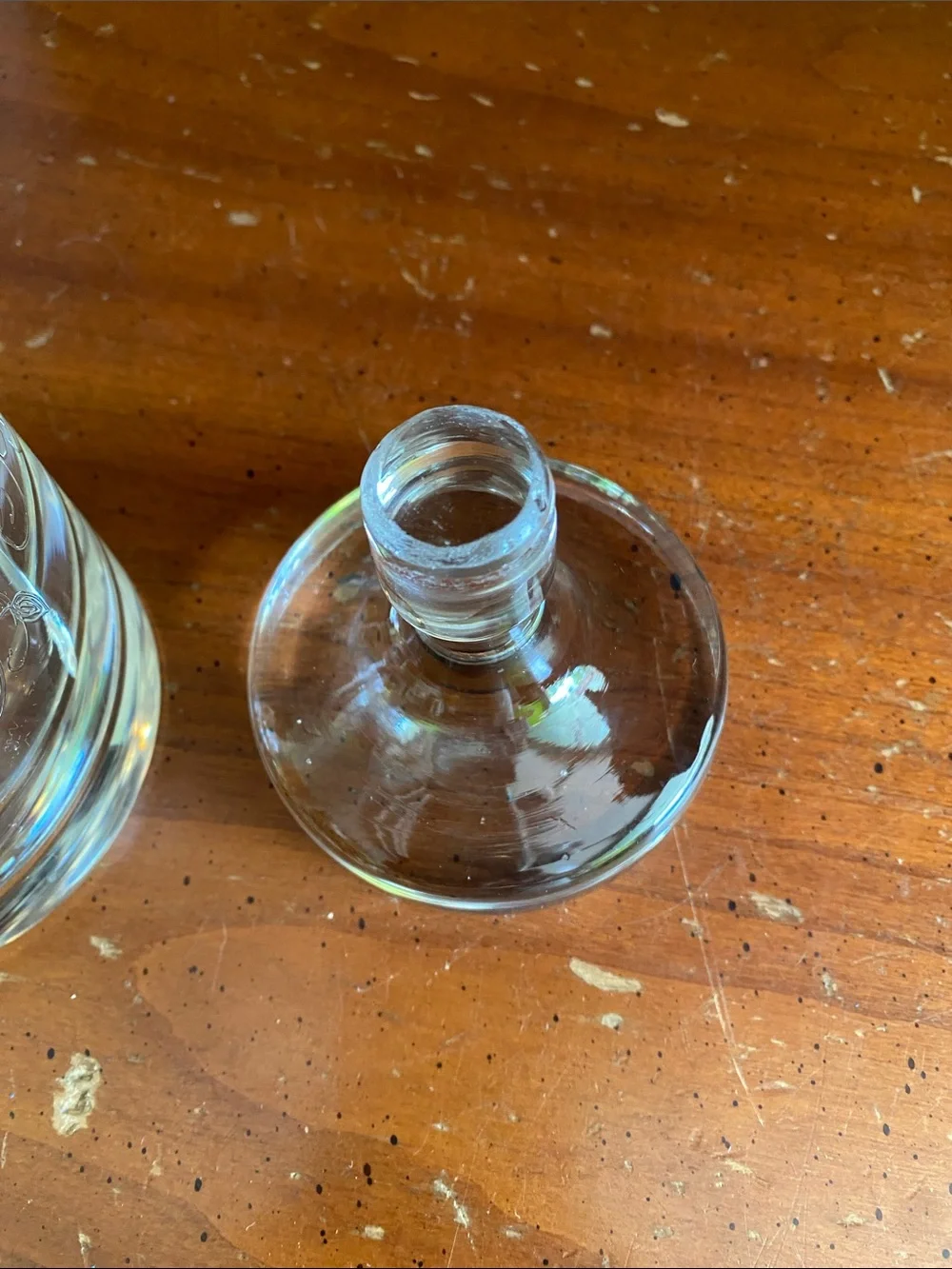 Vintage Mid-Century Hand-Blown Etched Glass Decanter with Flat-Top Disc Stopper